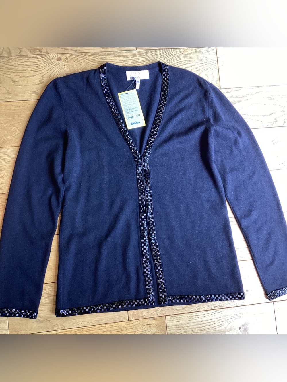 Escada Navy silk / cashmere beaded cardigan